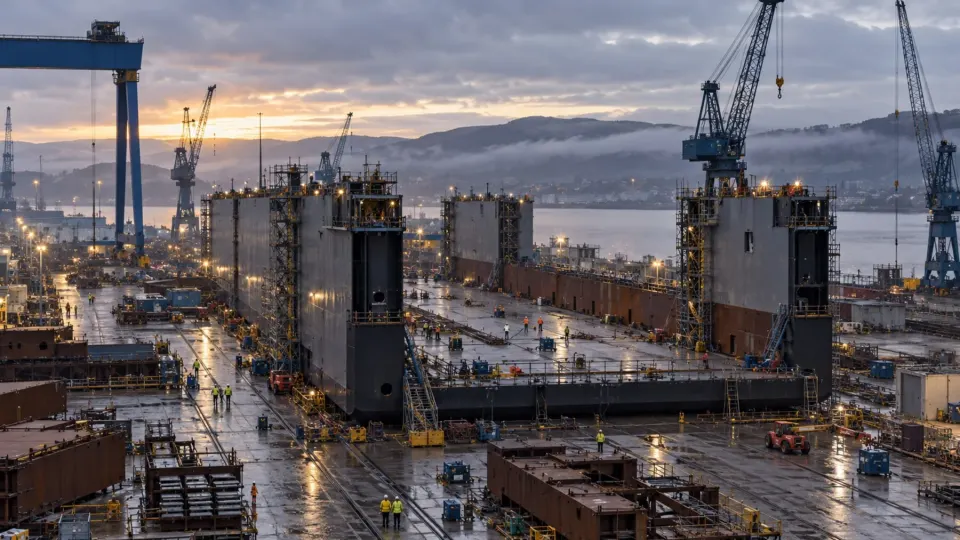 Editorial illustration of a British shipyard constructing a large floating dock at dawn
