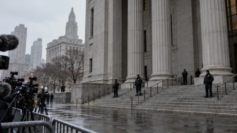 Editorial illustration of media gathered outside a New York courthouse after a major sentencing