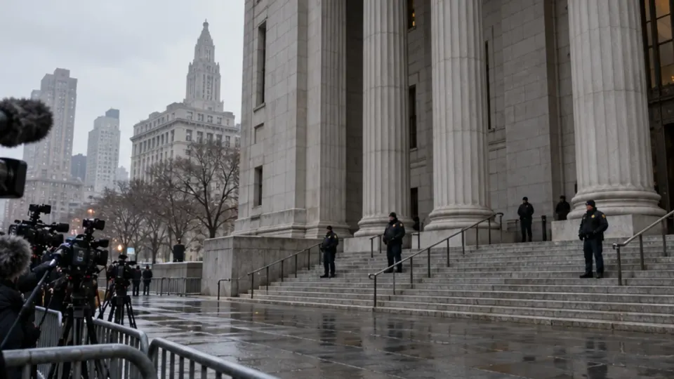 Editorial illustration of media gathered outside a New York courthouse after a major sentencing