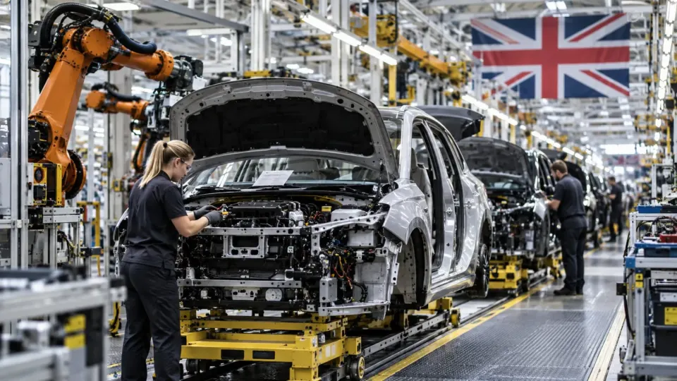 Editorial illustration of workers and robots assembling cars in a British factory