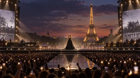 Editorial illustration of a non-identifiable singer making an emotional comeback before a vast Paris arena audience