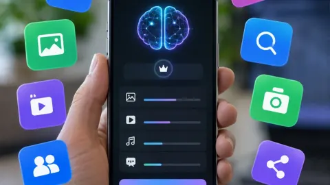 Editorial illustration of social-media app tiles arranged around a single paid AI subscription dashboard