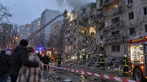 Editorial illustration of emergency crews at a damaged Ukrainian apartment building after a drone strike