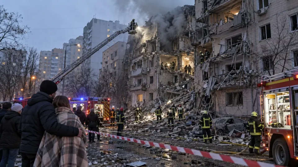 Editorial illustration of emergency crews at a damaged Ukrainian apartment building after a drone strike