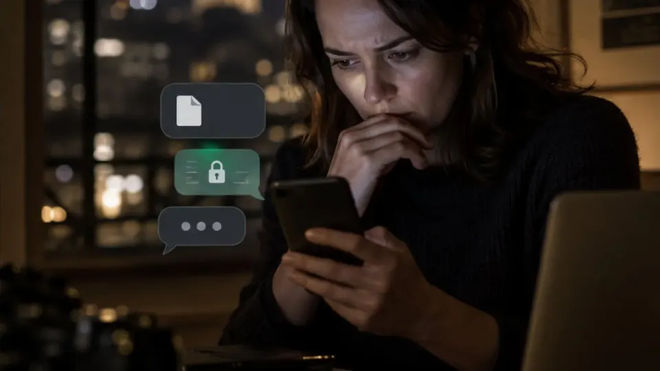 Editorial illustration of a targeted journalist receiving a forged message across encrypted chat apps at night