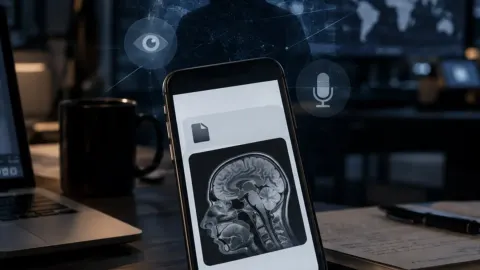 Editorial illustration of a smartphone displaying a suspicious medical file while covert spyware symbols appear behind it