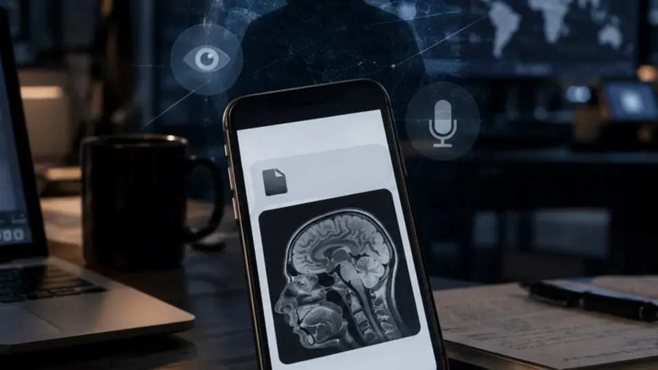 Editorial illustration of a smartphone displaying a suspicious medical file while covert spyware symbols appear behind it