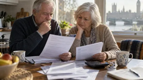 Editorial illustration of an older British couple studying household bills and a pension statement at their kitchen table