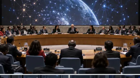 Editorial illustration of the United Nations Security Council discussing artificial-intelligence risks