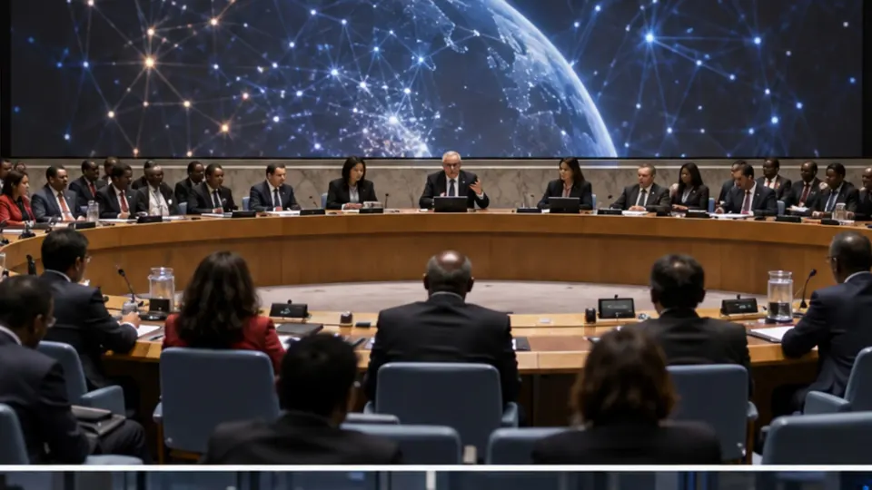 Editorial illustration of the United Nations Security Council discussing artificial-intelligence risks