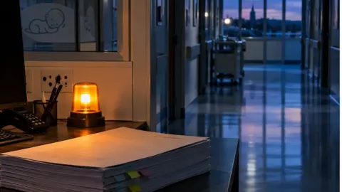 Editorial illustration of an empty neonatal hospital corridor with an inquiry report resting beneath a warning light