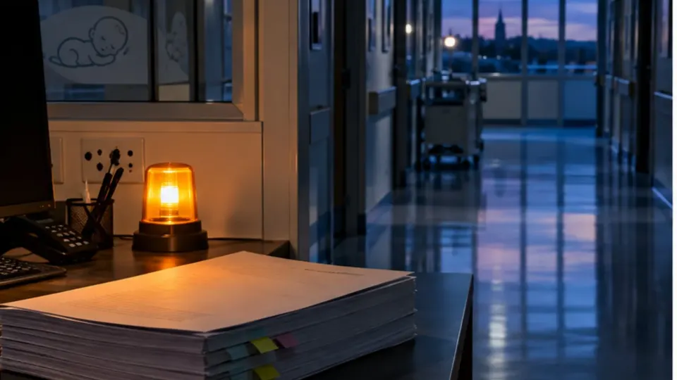 Editorial illustration of an empty neonatal hospital corridor with an inquiry report resting beneath a warning light