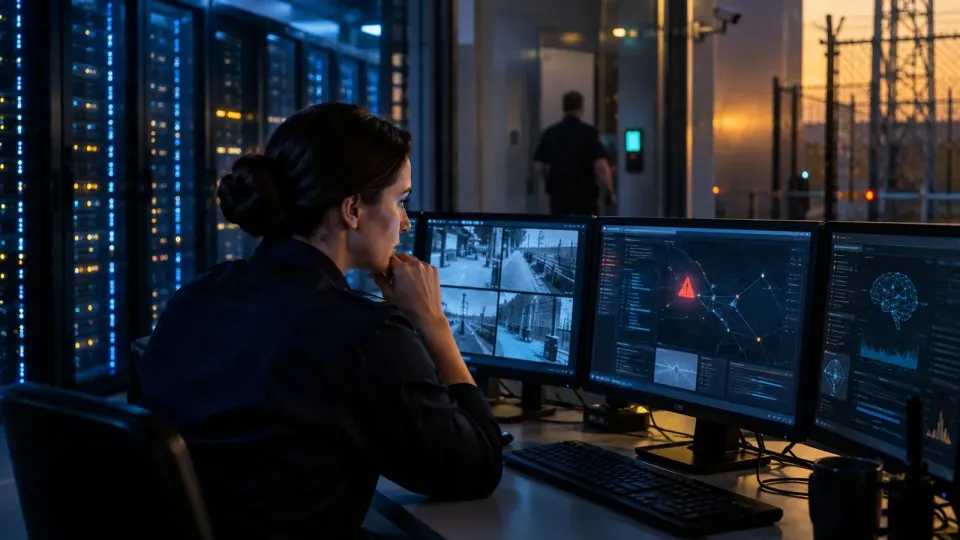 Editorial illustration of a human analyst reviewing AI warnings beside secure computer racks