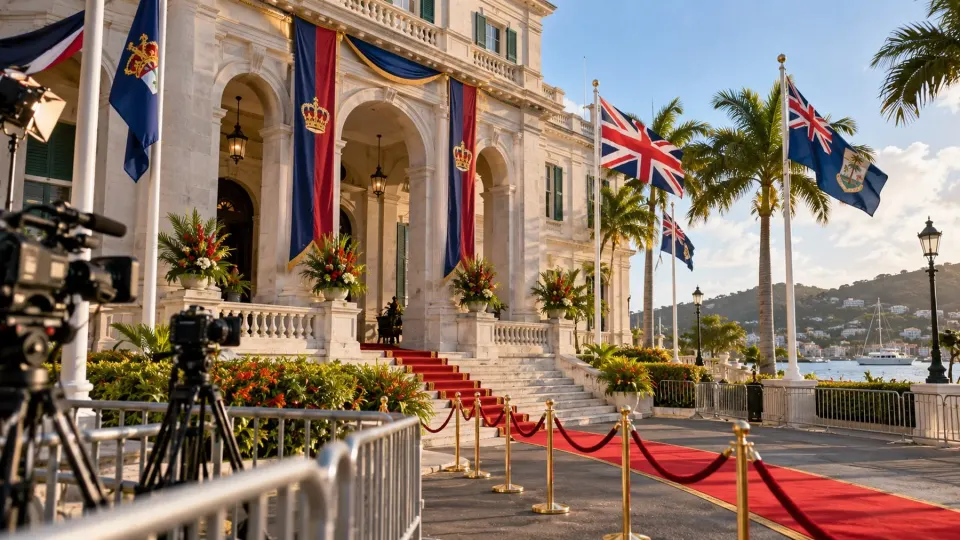 Editorial illustration of a generic Caribbean government building prepared for an official visit