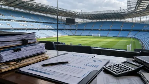 Editorial illustration of football finance files overlooking a generic blue-seated stadium