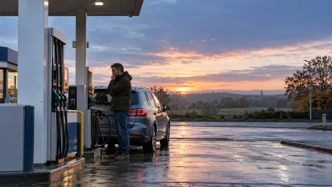 Editorial illustration of an unbranded British petrol station and driver at dawn; this is not a photograph of a specific forecourt