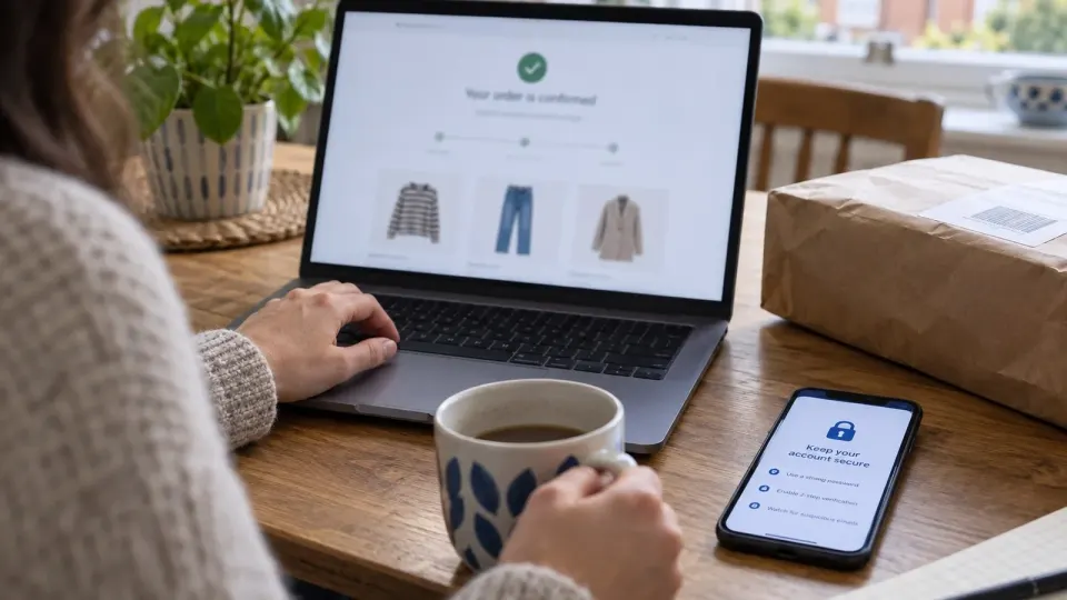 Editorial illustration of a customer checking an online fashion account securely