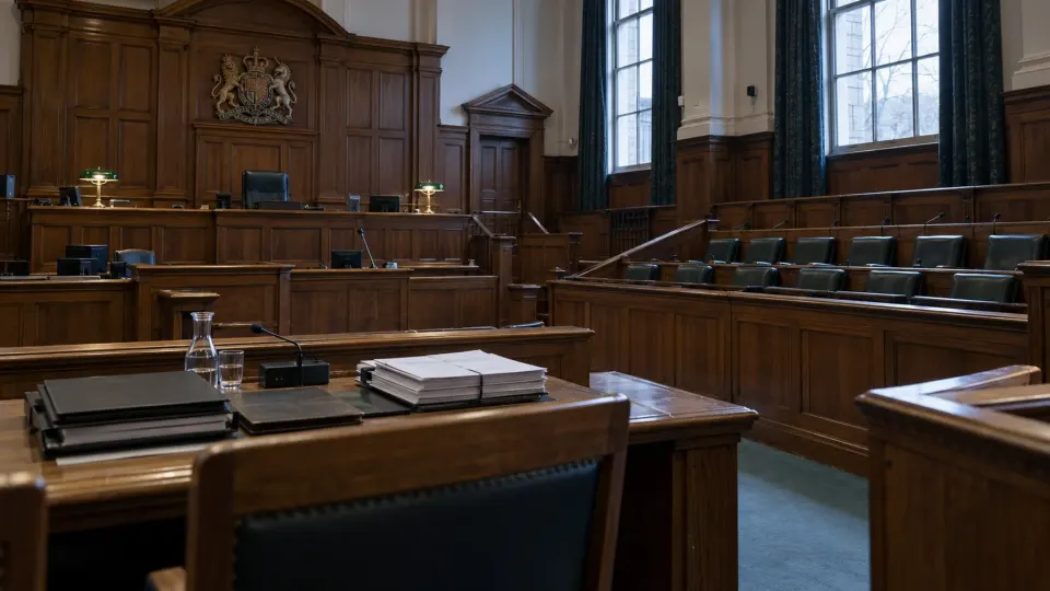 Editorial illustration of an empty British Crown Court courtroom with a jury box