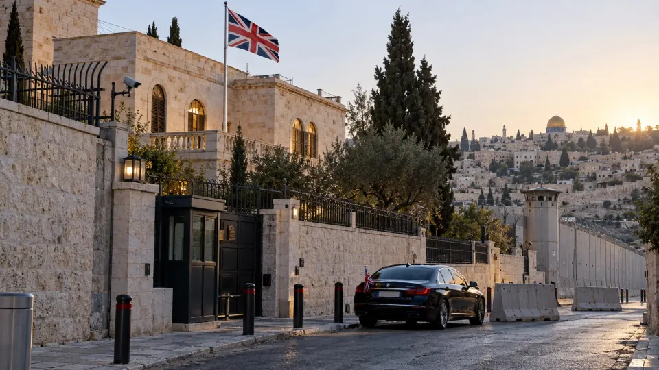 Editorial illustration of a British diplomatic building in East Jerusalem