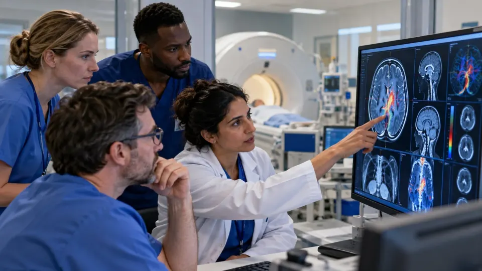 Editorial illustration of clinicians reviewing AI-assisted medical imaging in a hospital
