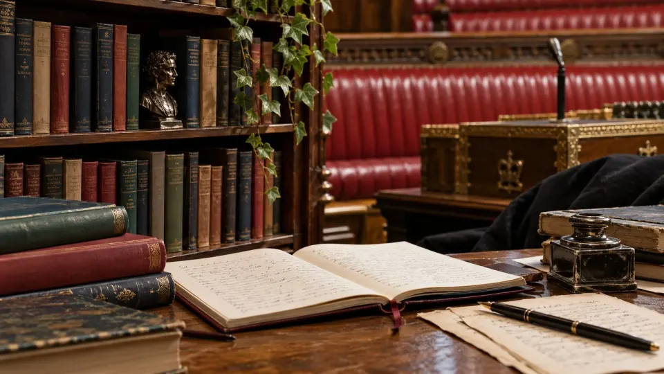 Editorial illustration of books, manuscript pages and a parliamentary chamber