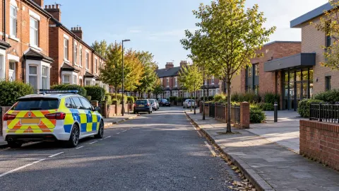 Editorial illustration of a generic Manchester street with a police vehicle; this does not show the alleged plot location