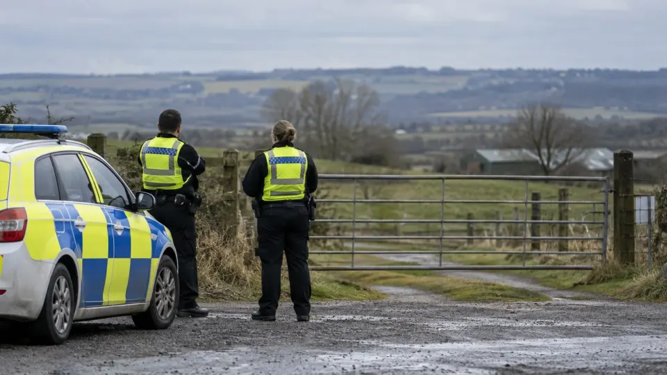 Editorial illustration of police officers near a rural security perimeter
