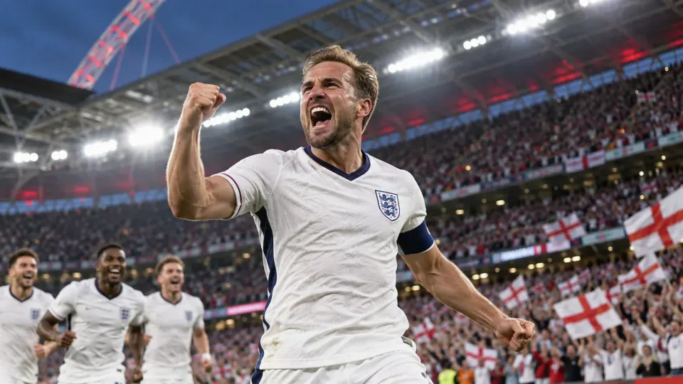 Editorial illustration of an England captain celebrating beneath Wembley stadium lights