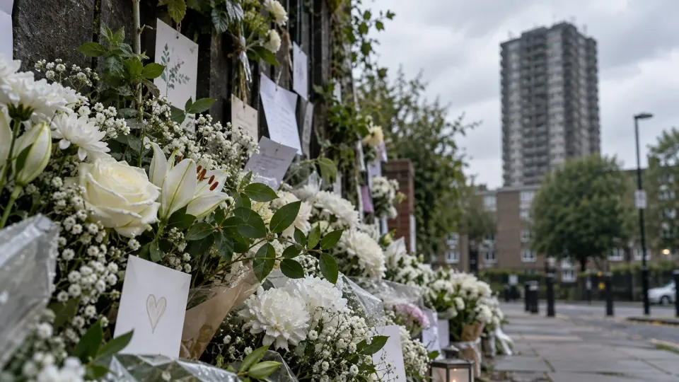 Editorial illustration of white flowers at a London memorial wall with a blurred tower beyond