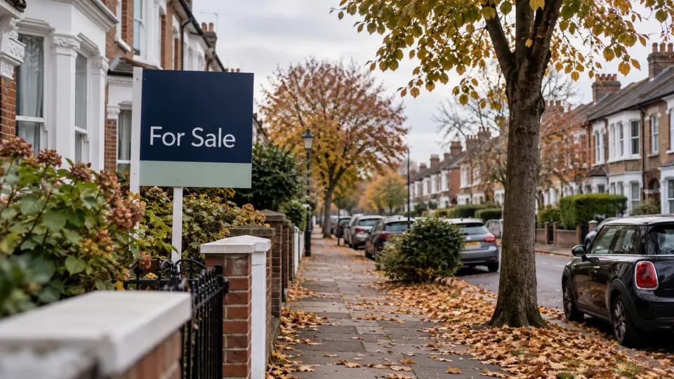 Editorial illustration of a British street with a for-sale sign on an autumn morning; no specific property is depicted