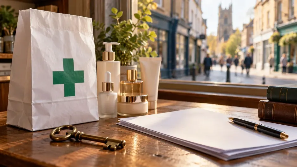 Editorial illustration of pharmacy and beauty products beside blank acquisition documents