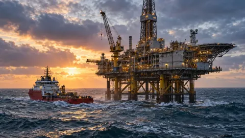 Editorial illustration of an offshore oil and gas platform in the North Sea