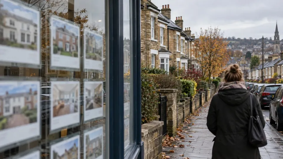 Editorial illustration of a British housing street and estate agent window in autumn