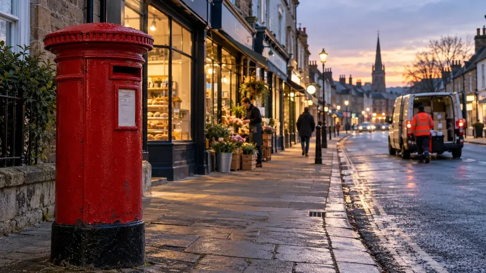 Editorial illustration of a British post box and postal delivery worker at dawn