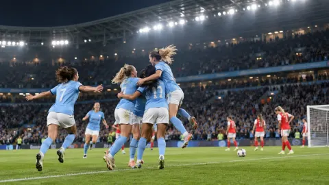Editorial illustration of generic women footballers in sky blue celebrating in a stadium