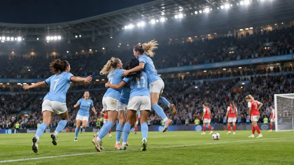 Editorial illustration of generic women footballers in sky blue celebrating in a stadium