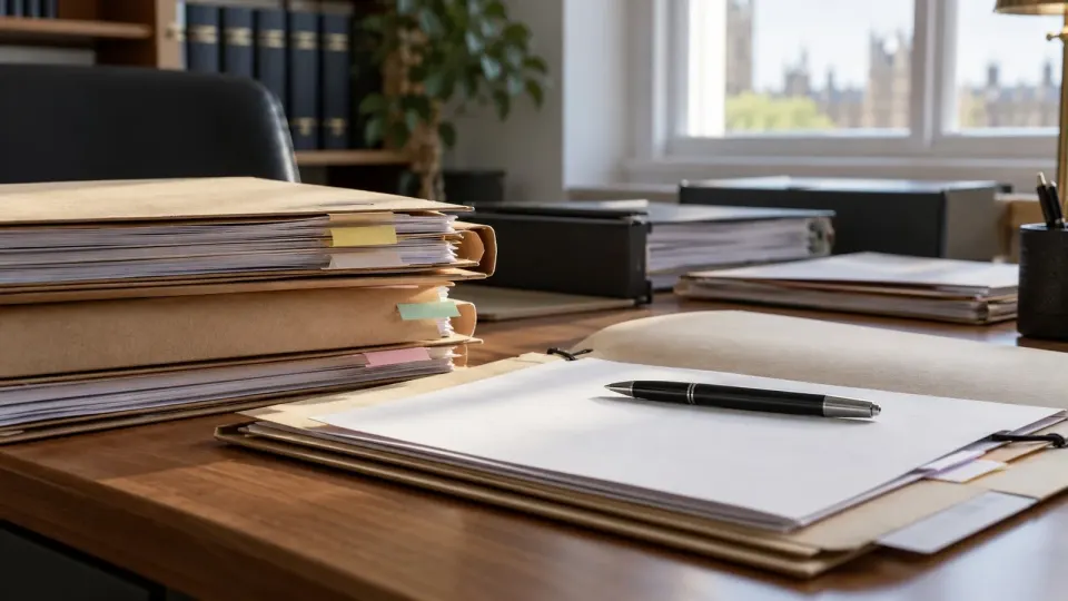 Editorial illustration of anonymous legal case files on a desk; these are not actual Grenfell evidence