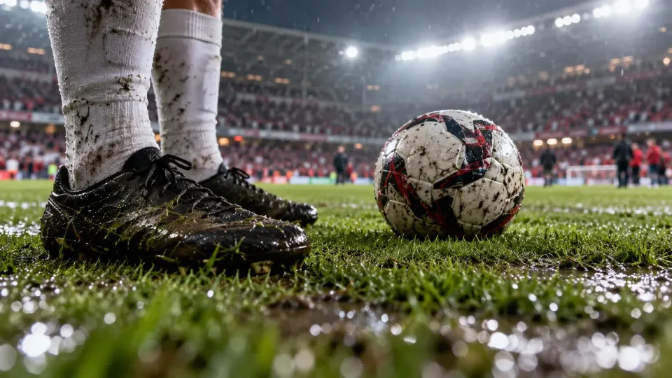 Editorial illustration of generic football boots and a ball under stadium lights