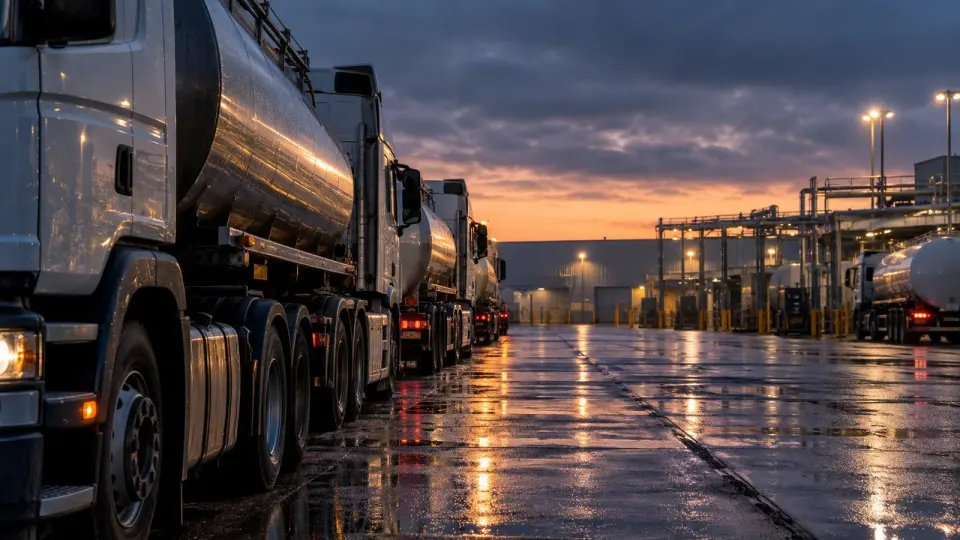 Editorial illustration of unbranded delivery vehicles at a British depot; no specific business is depicted
