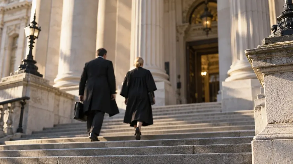 Editorial illustration of a generic British courthouse exterior; this does not depict the defendants or their hearing