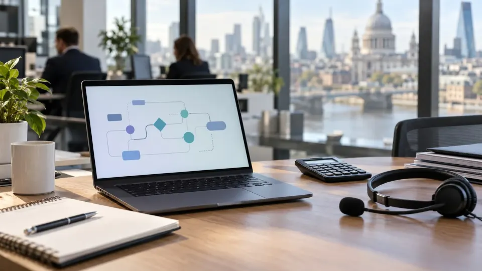 Editorial illustration of a financial adviser desk with an AI workflow
