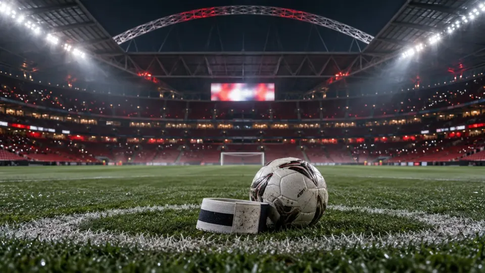 Editorial illustration of a captain’s armband and football on an empty Wembley pitch