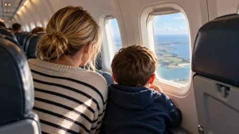 Editorial illustration of an anonymous parent seated beside a child in a generic aircraft cabin