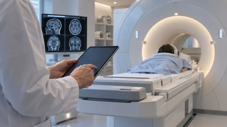 Editorial illustration of a generic MRI suite and clinician; no actual patient or NHS trial is depicted