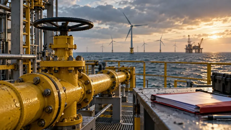 Editorial illustration of North Sea gas infrastructure and offshore wind turbines