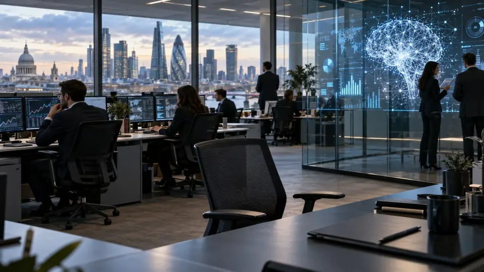 Editorial illustration of a London wealth-management office adopting artificial intelligence