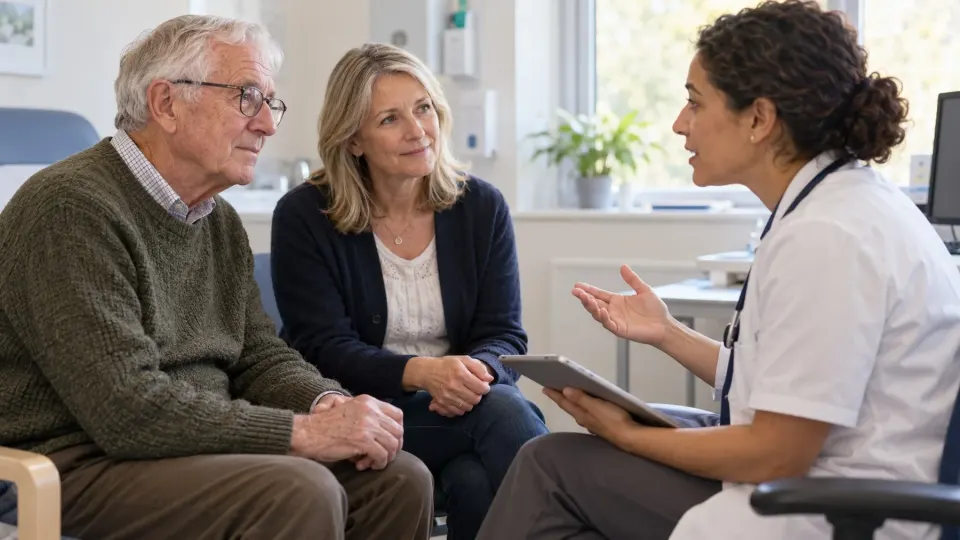 Editorial illustration of an older adult and relative talking with a clinician about a dementia assessment