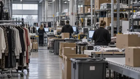 Editorial illustration of an online fashion retailer warehouse following a cyber incident