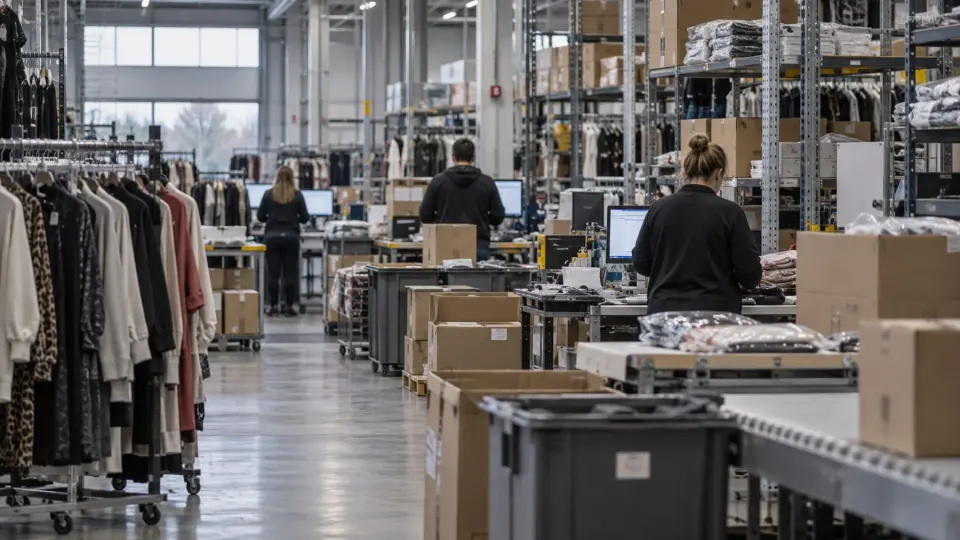 Editorial illustration of an online fashion retailer warehouse following a cyber incident