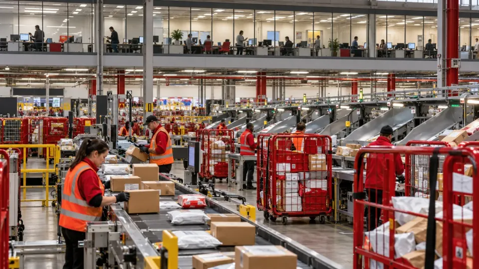 Editorial illustration of a British postal sorting centre and support offices
